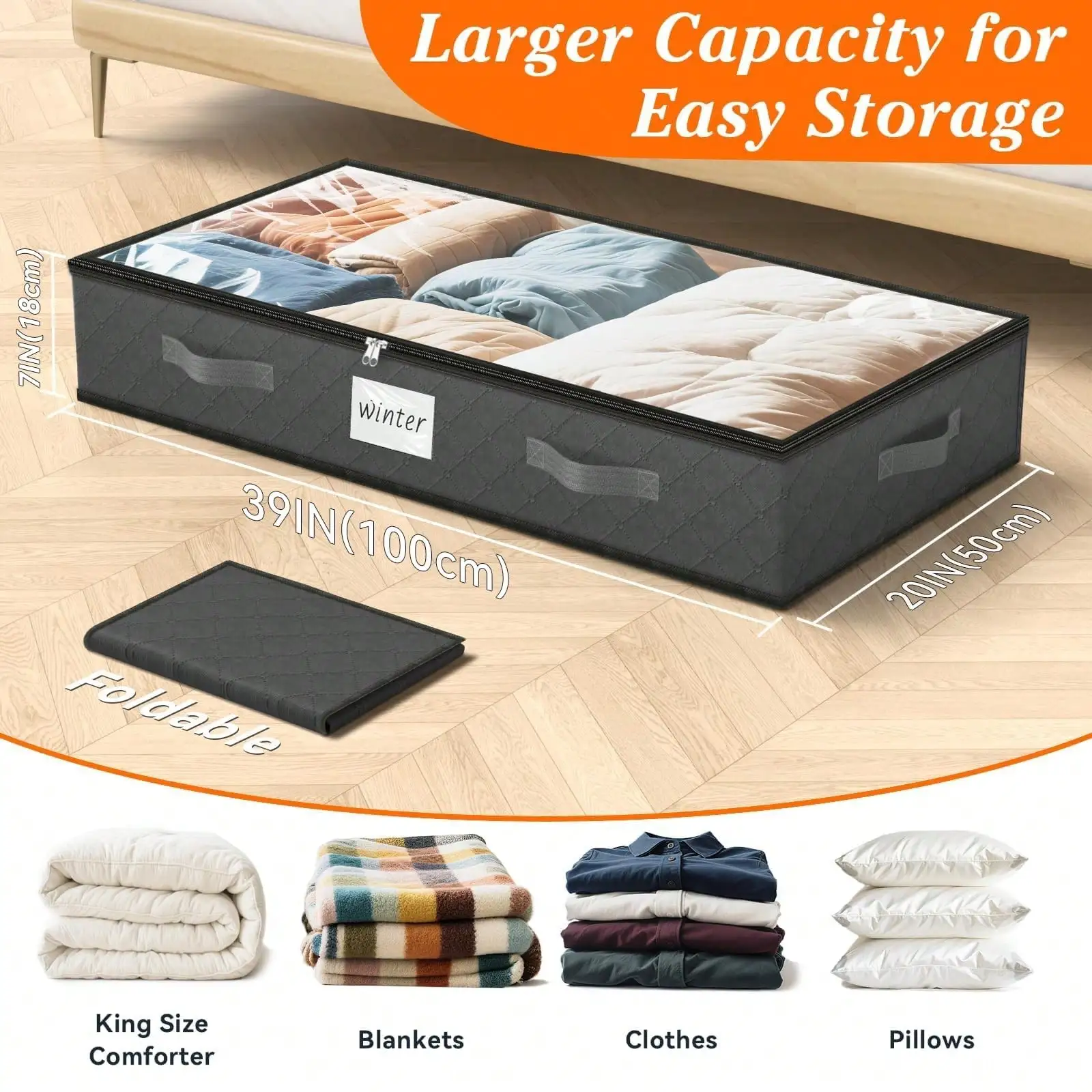 กล่องเก็บของใต้เตียง SpaceWhisper 8 ชิ้น ขนาด 90 ลิตร สีเทา - ฝาใสพับได้พร้อมช่องใส่ป้าย