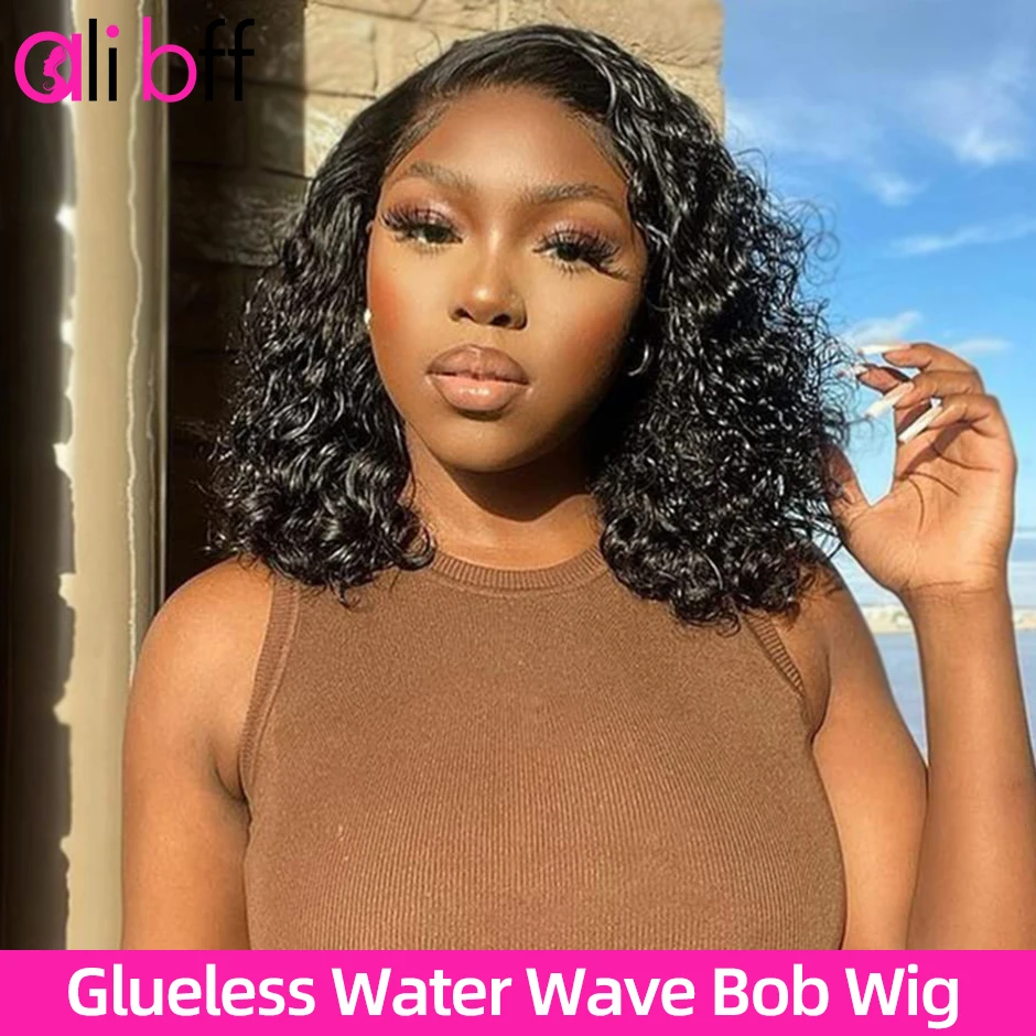 Lace Front Water Wave Bob Wig para mulheres negras, cabelo humano pré arrancado, linha fina natural, wear and go, sem cola