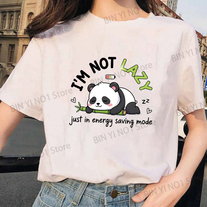 Funny I'm Not Lazy Just in Energy Saving Mode Print T-shirt Summer Panda Print T Shirt Women Men Short Sleeve Loose Shirts