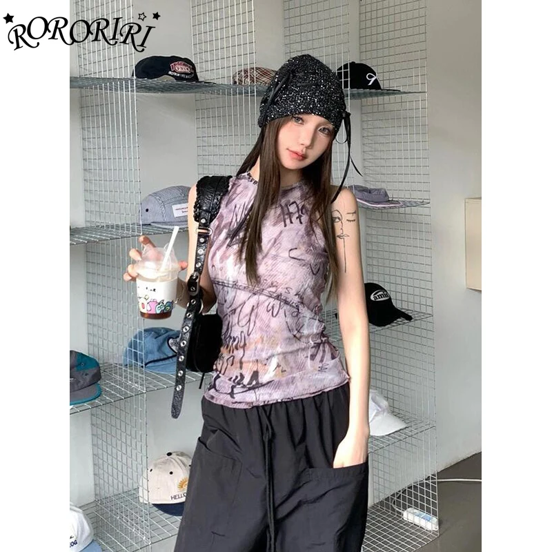 RORORIRI Women Graphic Print Tank Top Aesthetic Punk Graffiti Backless Cut-out Pullover Slim Sleeveless Vest Grayu Y2k Clothes