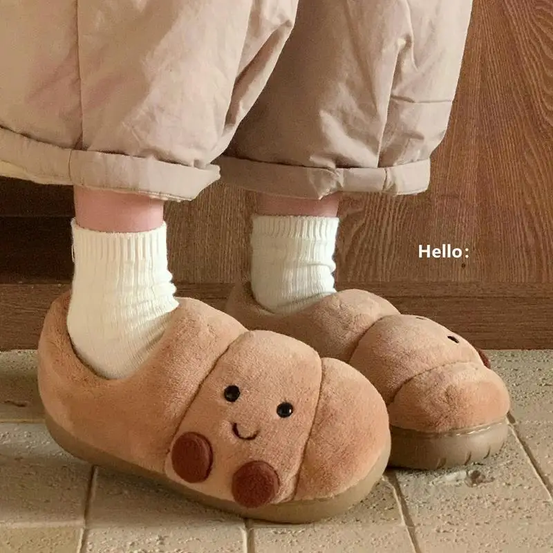 

New Arrival Cute Brown Bread Cotton Slippers For Women Men Winter House Shoes Warm Plush Anti-slip Lovers Home Floor Flat Shoes