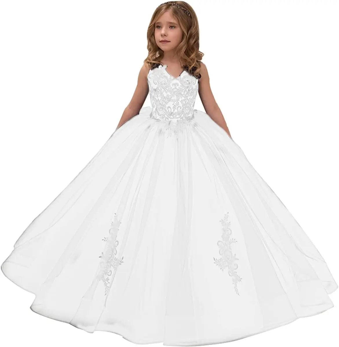 

Flower Girl Dress with Lace Applique – Elegant Pageant Ball Gown for Kids, Wedding, Prom, and Special Occasions