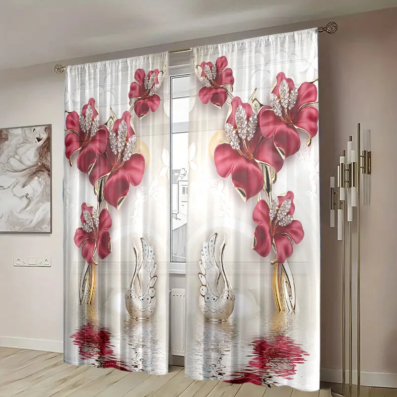 2 pieces, beautiful flower swan print semi blackout curtains - pole pockets - bedroom, living room, and other home decorations