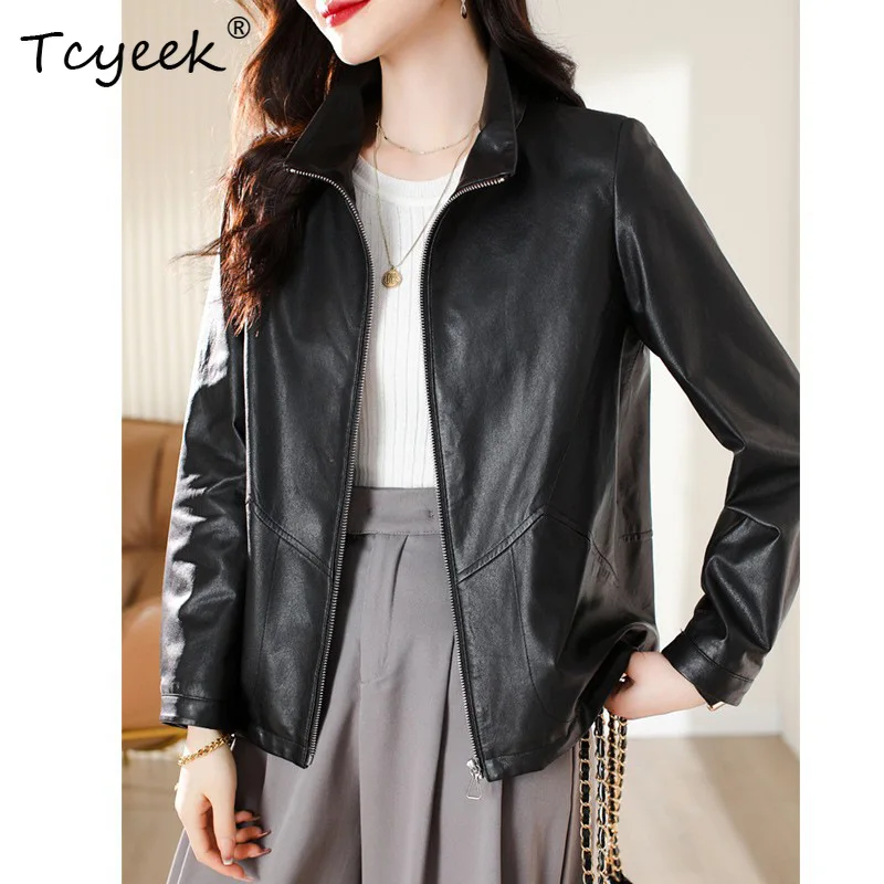Tcyeek véritable peau De mouton printemps automne à la mode noir col montant femmes veste en cuir véritable Jaqueta De Couro légítimo Feminina