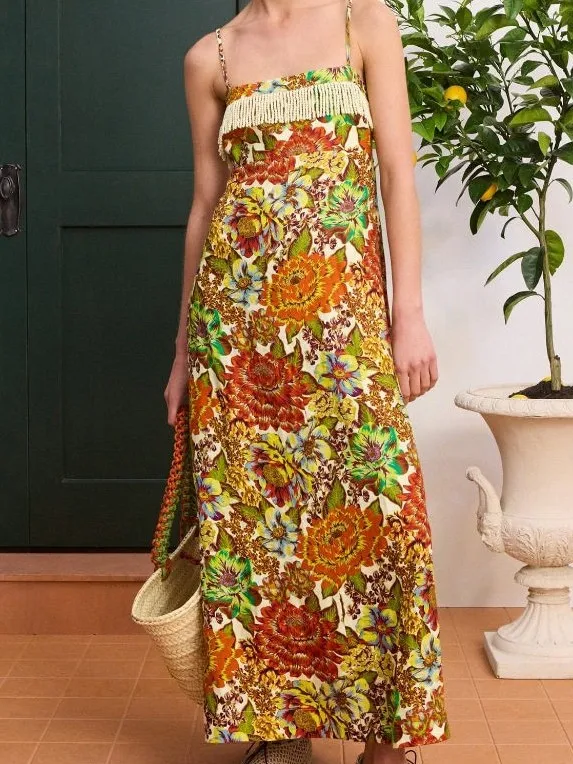 Casual Linen Print Ruffle Long Unique Backless Hanging Neck Dress Fashionable Summer 2026 Women's Dress Soft Loose Waist
