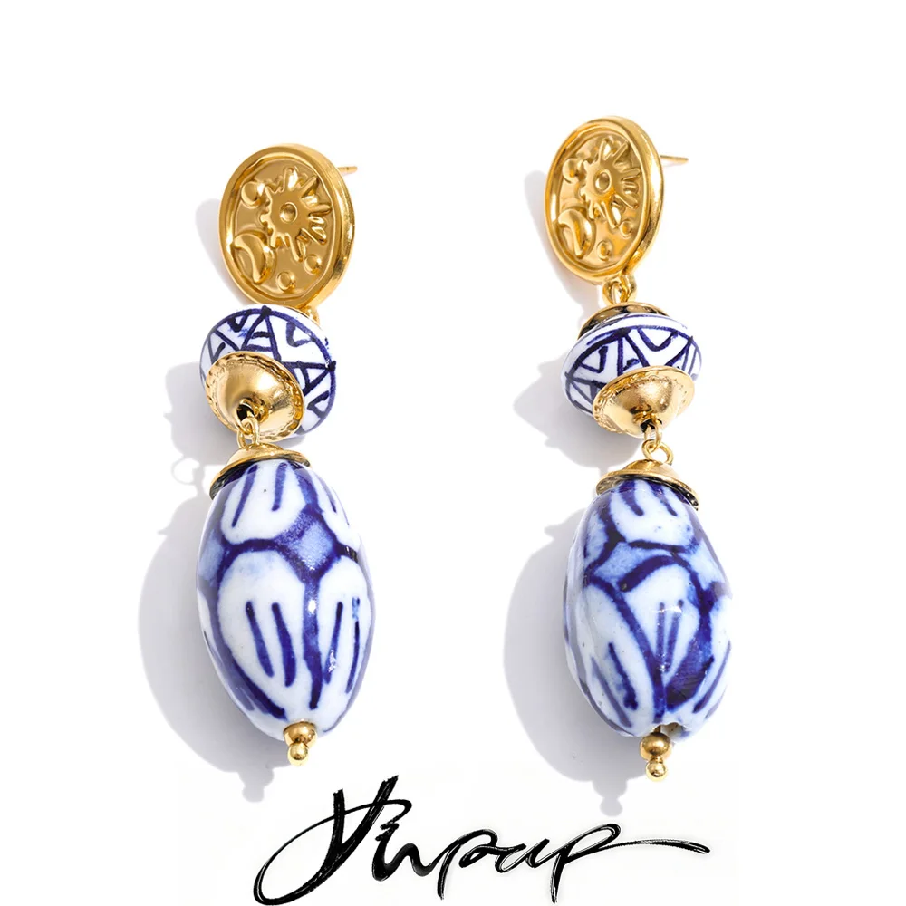 Yhpup 2026 Edelstahl Blaue Keramik Tropfen-Ohrringe 2026 Beliebter Stil Frankreich Sommer Handgefertigter Vintage-Perlen-Schmuck Wasserdicht
