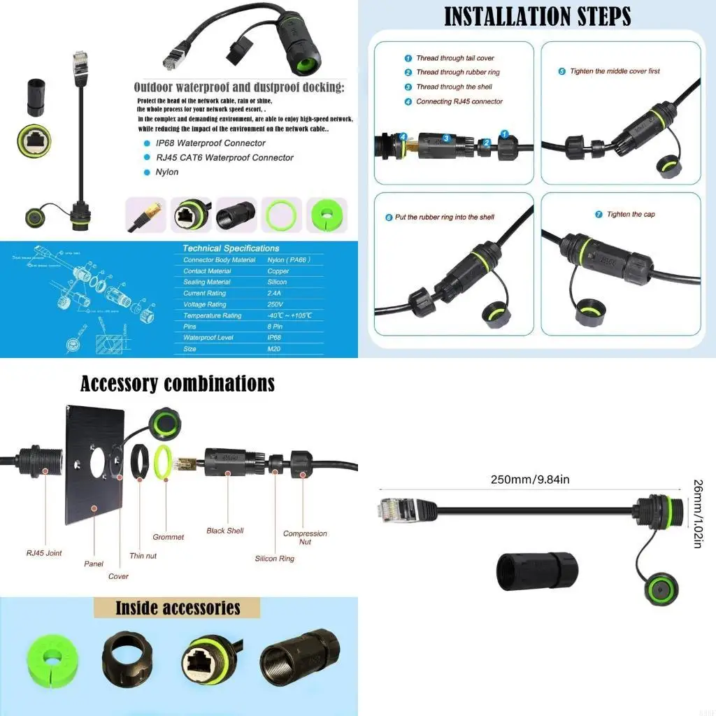 

896F Shielded RJ45 Waterproof Panel Mount Connector IP68 Cat6 8P8C Ethernet LAN Cable Coupler Female to Male Outdoor Networking
