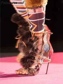 2025款毛絨涼鞋,刺繡金屬環鉚釘,圓頭細跟,拼接毛絨鞋,夏季復古派對細高跟鞋 8 最佳銷售 毛茸茸的高跟鞋 - №1