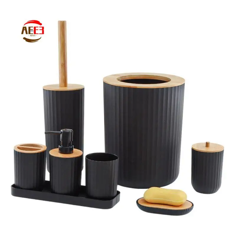 

AEE3-1Set Bamboo And Wood Products Washing Set Bathroom Supplies Set Plastic Tray Eight-Piece Set Black&Wood Color