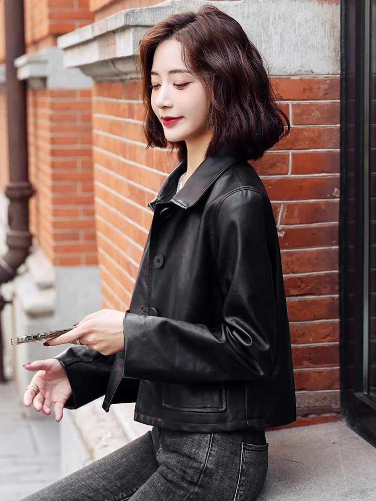 Women Short Leather New Jacket Spring Autumn Fashion Shirt Collar Single Breasted Slim Short Leather Coat Sheepskin Biker Jacket