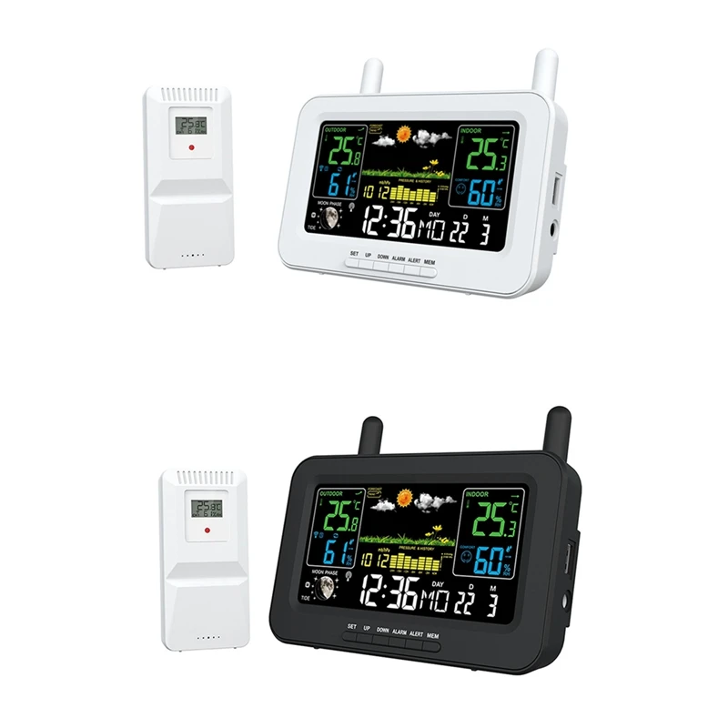 Digitale Wetterstation mit Farbbildschirm, Sonnenaufgangs- und Sonnenuntergangsthermometer, Hygrometer mit kabellosem Außensensor, EU-Stecker