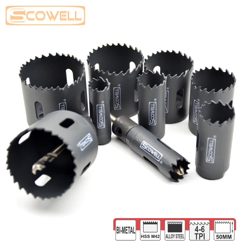 1 Pack SCOWELL HSS Bimetallic M42 Cobalt 8% 47mm Deep Holesaw Cutter With Arbor Drill Bit Set For Cutting Wood Metal Crown Saw