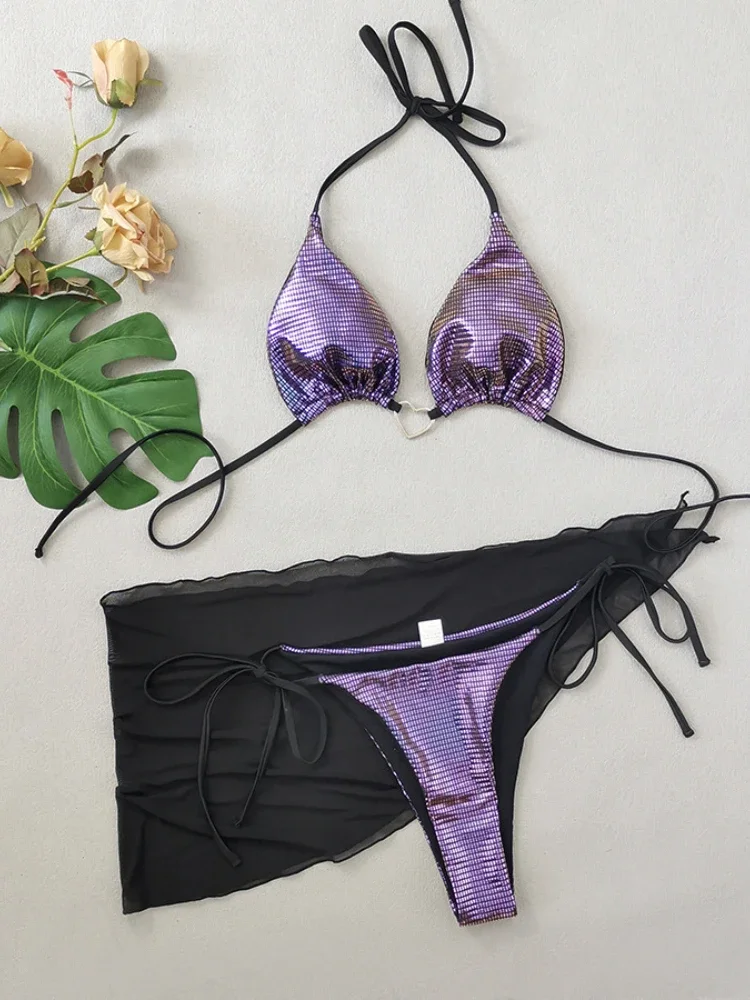 

Sexy 3 Piece Bikini Set for Women 2025 New High Waist Beach Mesh Skirt Swimsuit Sexy Shiny Triangle Halter Backless Swimwear