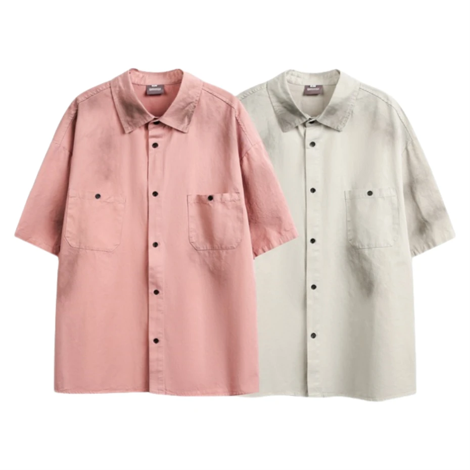 

Summer Short Sleeve Shirts Men Streetwear Punk Dirty Dye Casual Shirt Oversized Vintage Cotton Pink Hip Hop Cargo Blouse Unisex