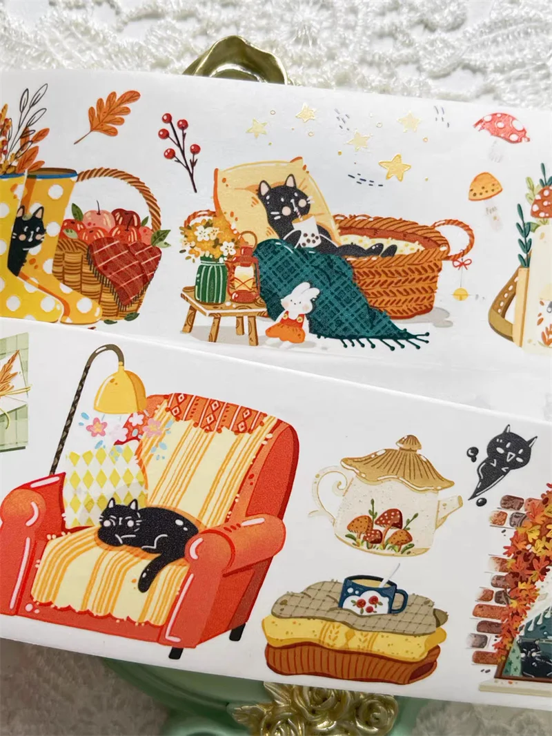 1 Loop 120cm Autumnal Element Lovely Cat PET Washi Tape DIY Decor Scrapbooking Journal Material Sticker