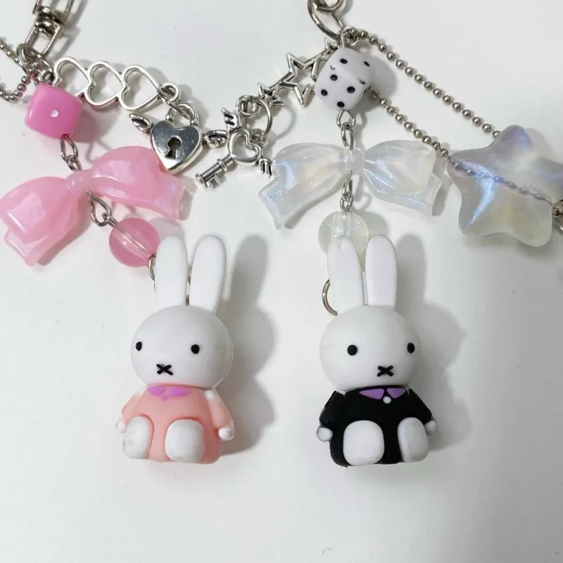 

Vintage Miffy Bunny Keyring Set with Punk Style Kawaii Y2K Retro Futurism Design​ Cartoon Bunny Keychain & Bag Pendant Combo