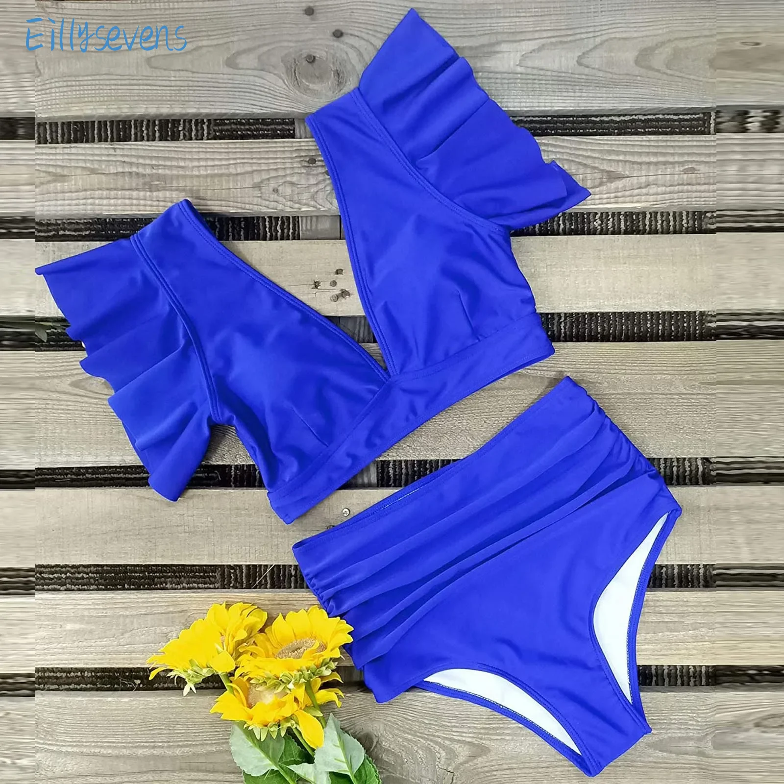 Women Sexy Bikini Set Simple Elegant Solid Comfy Two-Piece Set Push-Up Deep V Vest With Padded Pleated High Waist Split Swimsuit