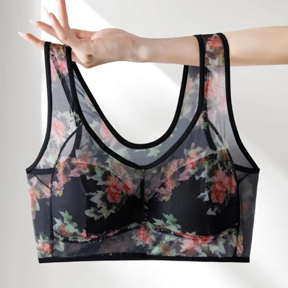 Mid-aged Women Bra, Mesh Thin, Plus Size, Floral Print, Wide Shoulder Strap, Wireless, Anti-snagging Push Up Seamless Mother Bra