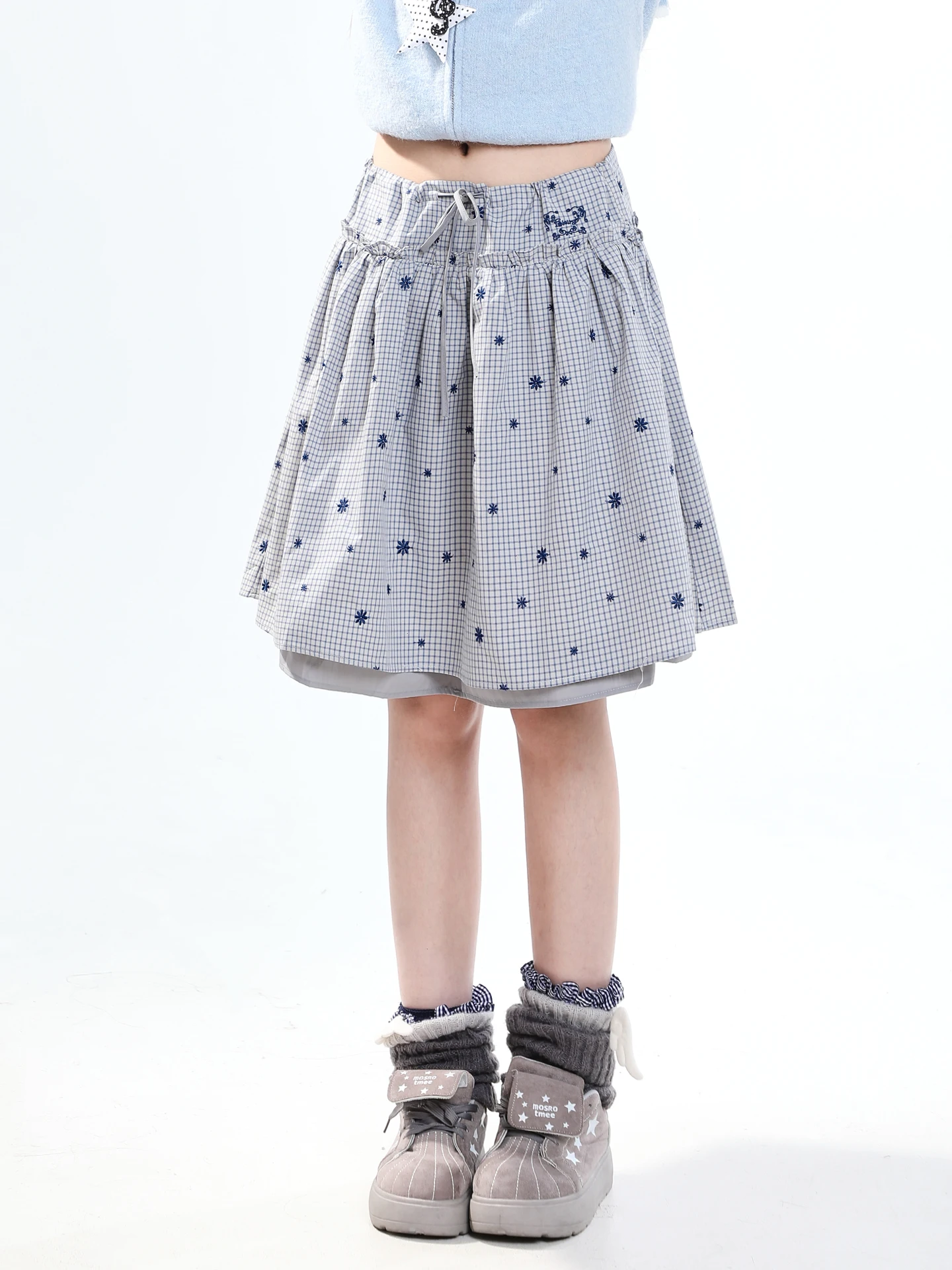 Sweet Star Plaid A-Line  Skirt Women's Loose Casual High Waist Drawstring Design Girl Feel mid Skirt Casual Style