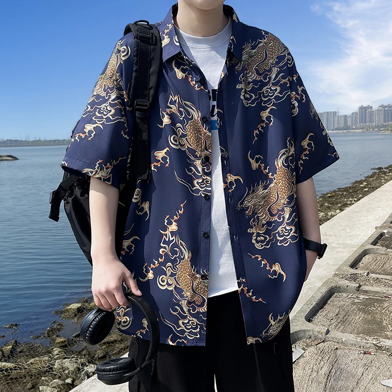 Plus Size Men's Summer Chinese Dragon Print Short Sleeve Shirt Breathable Loose Fit Button Down Tops For Beach Vacation M-5XL