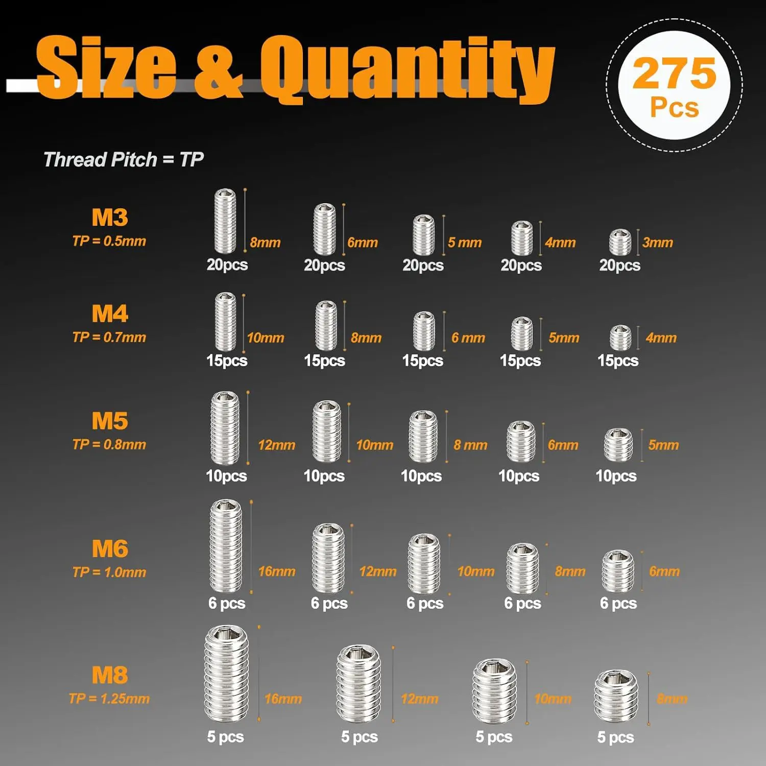 275Pcs Boxed Set Screws, 304 Stainless Steel Hex Socket Headless Grub Screws Assortment Kit M3-M8