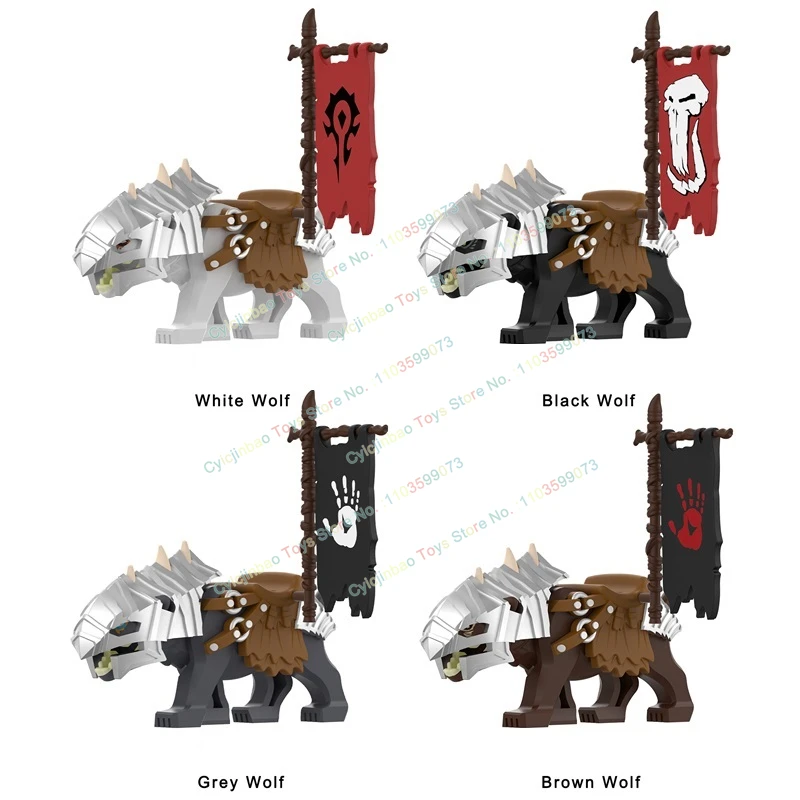 FJPJ036-039 White Armored Wolf Orc Flag Black Grey Brown Medieval Wolf Building Blocks Action Figures Collection Children's Toys
