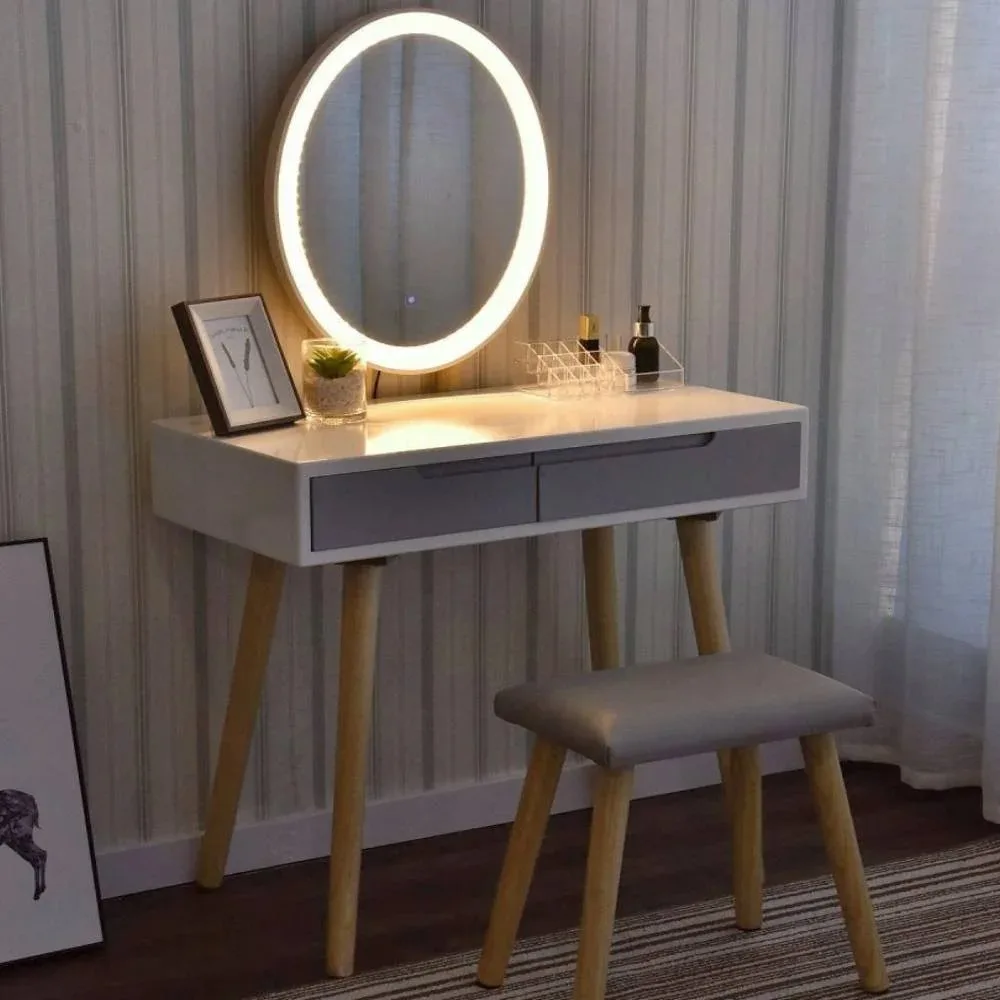 

Vanity Set with Round Lighted Mirror, Makeup Dressing Table with LED Light & Cushioned Stool Set,Bedroom Vanities Set White