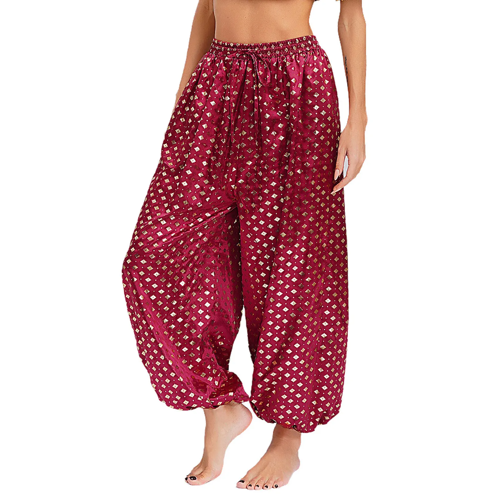 Costume da danza del ventre da donna Pantaloni lanterna metallizzati Catene di strass Ritaglio Bloomers larghi Pantaloni Harem Costume arabo di Halloween