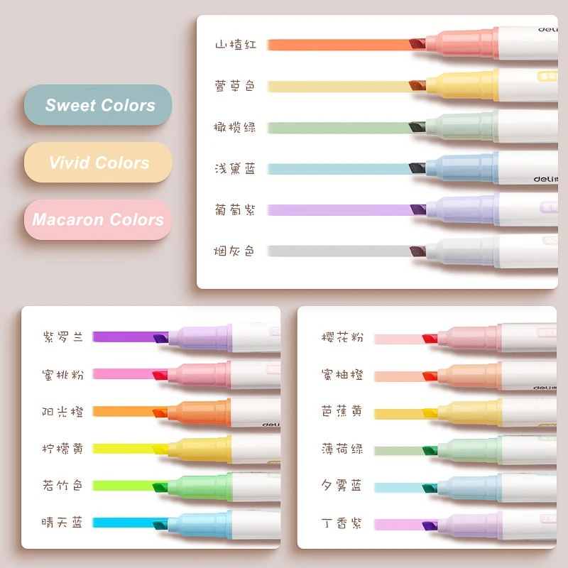 DELI Soft Tip Highlighter Marker Set Pastel Color Fluorescent Pen 3 Color Ranges 6 PCS / Pack Stationery Highlight Pen