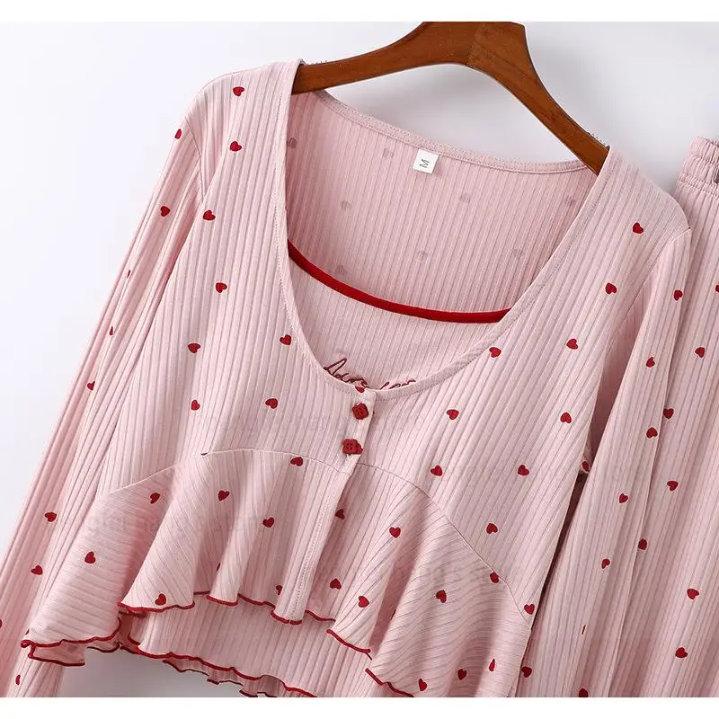 

Pink 3Pcs Pajamas Suit Modal Sleepwear Sexy Love Print Home Clothes Loose Nightwewar Summer Spring New Loungewear Pyjamas