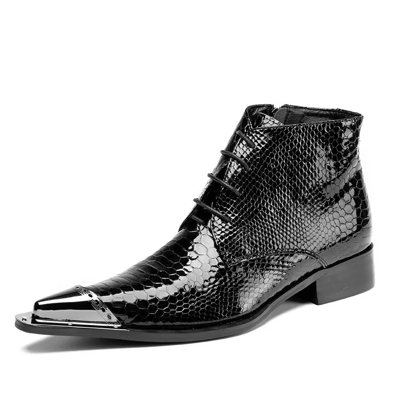 Business Boots Chelsea Boots Metal Pointed Shoes Stylist Wear Proof Lace Genuine Leather Short Fashion Non-Slip Boots