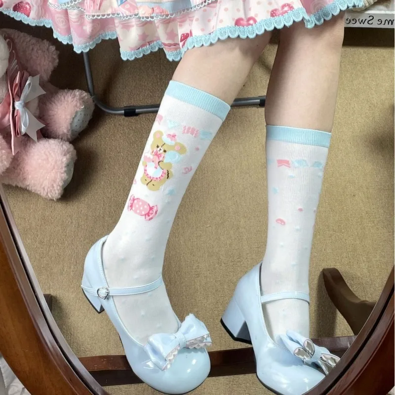Damen-Socken mit Kawaii-Erdbeer-Kuchen-Print, süße, süße Lolita-Socken in mittlerer Wadenlänge für den täglichen Gebrauch, Cosplay-Party – Detail 3