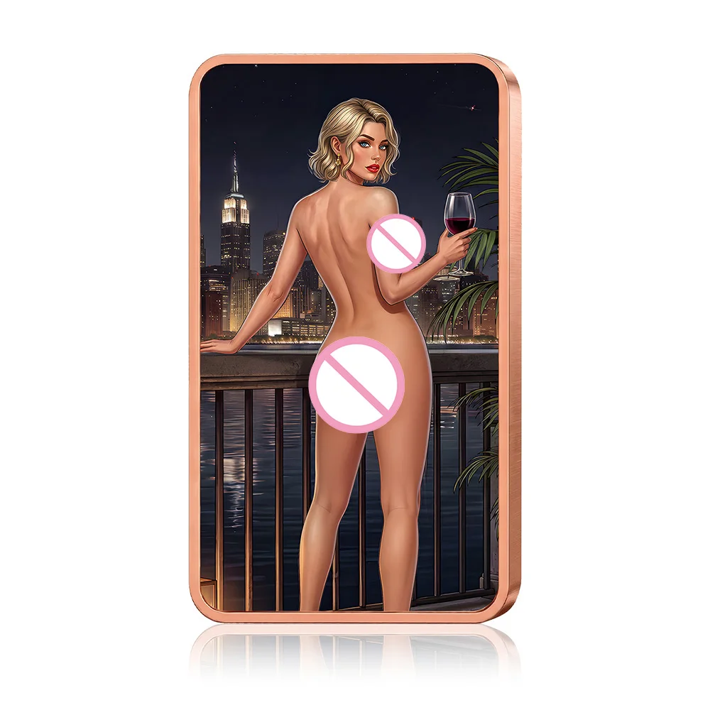 1oz .999 Pure Copper Bar Sexy Woman Red Wine City Lights Night View Glamour Art Colorized Fantasy Female Collectible Gift