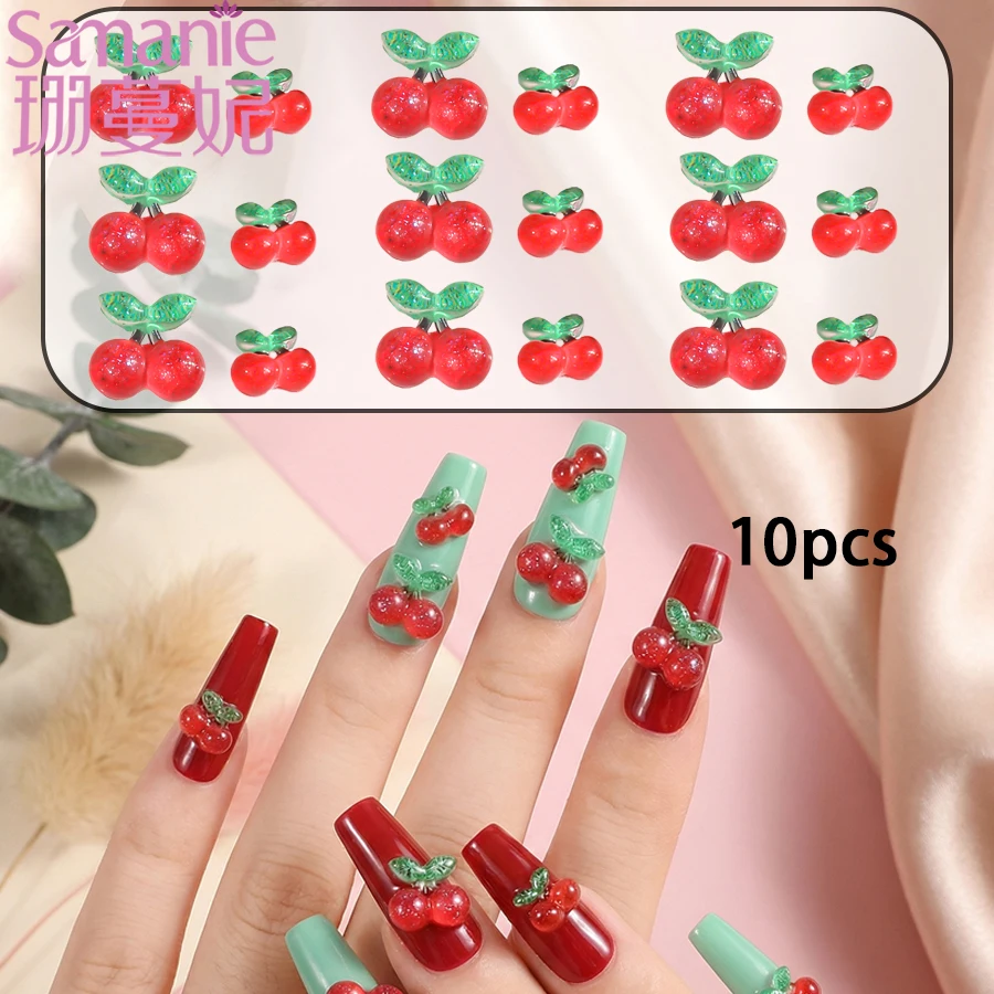 10PCS 3D Creative Simulated Cherry Nail Charms Ice Transparent Red Cherry Nails Art Decoration for DIY Manicure Phone Case Parts