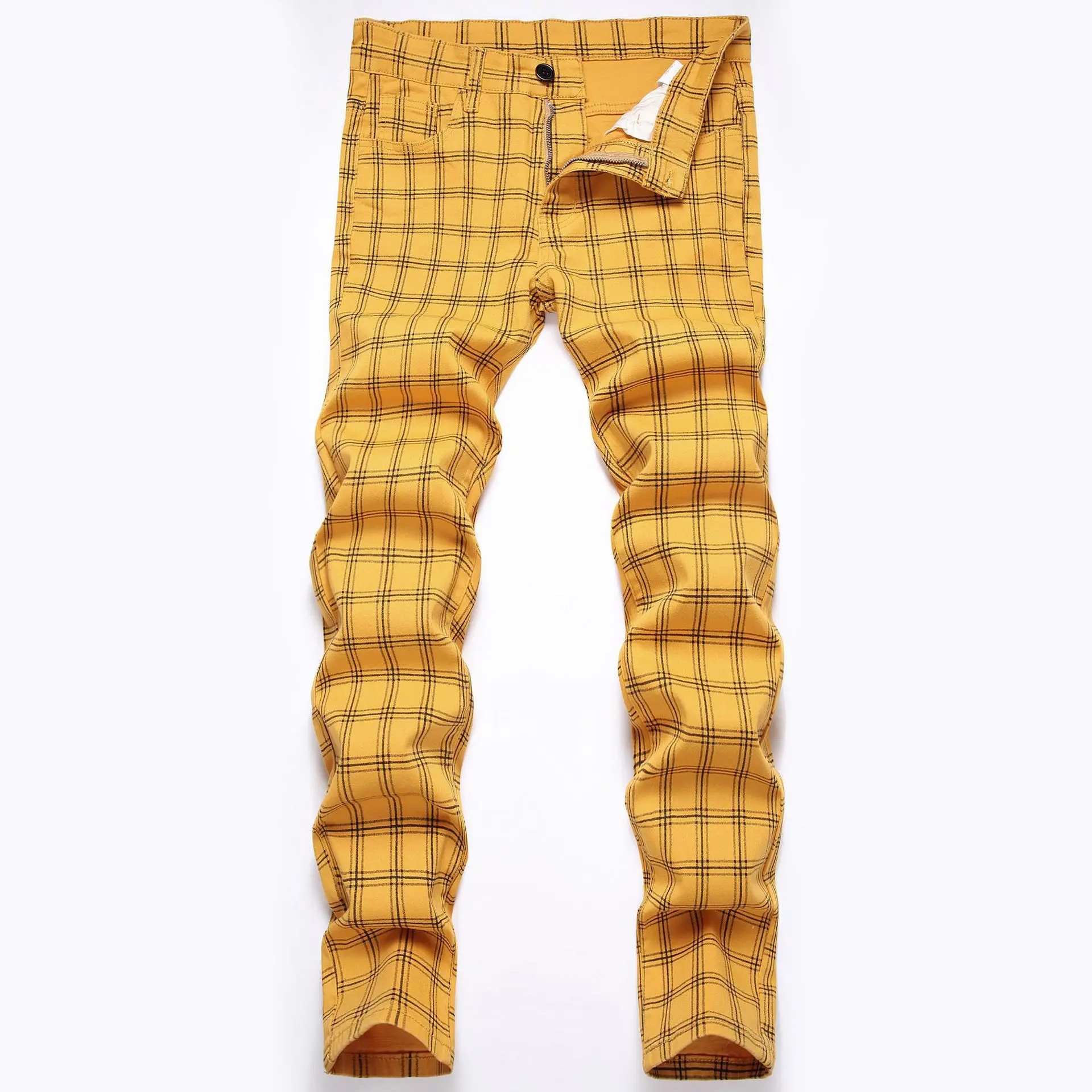 2026 남성용 레트로 옐로우 체크 청바지