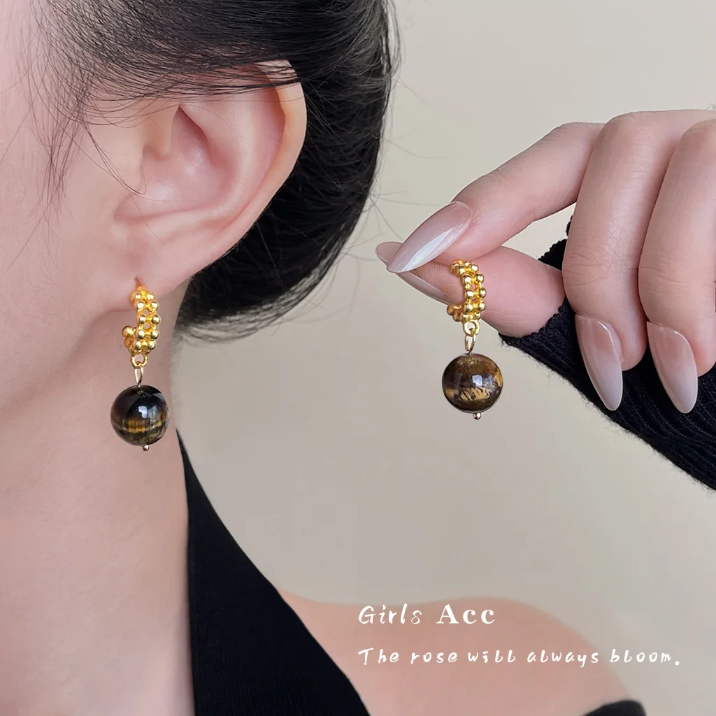 

High Quality Jewelry Vintage Tiger Eye Earrings Handmade Matte Geometric Hollow Out Maillard Style Dangle Earrings Wholesale