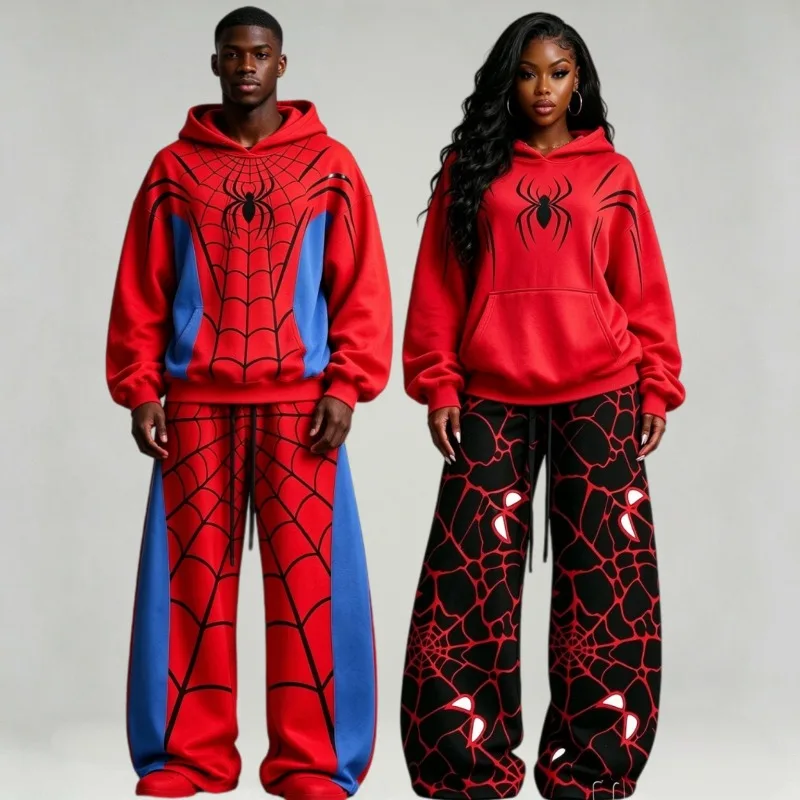 26/27newUnisex Autumn Winter American Streetwear Spider Web Hoodie and Wide Leg Pants 2 Piece Oversize Sweat Suit FamilyMatching