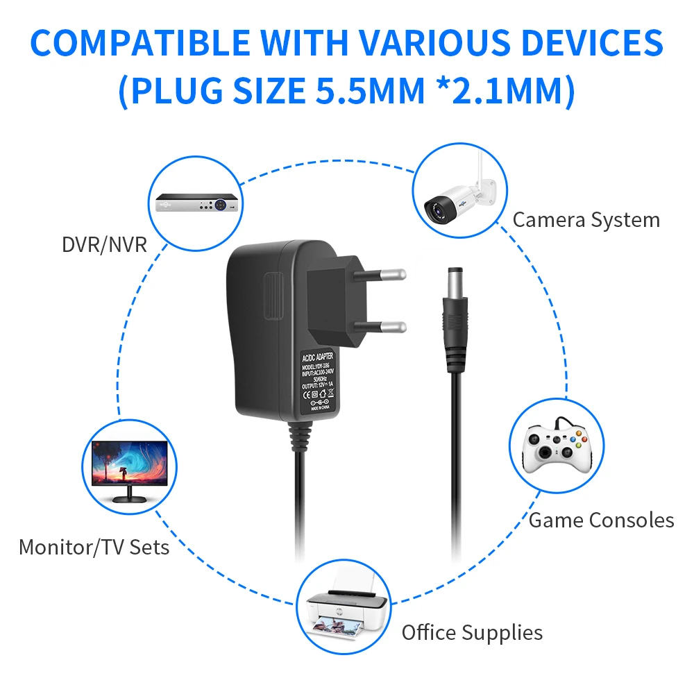 Power Supply Adapter EU AC 100-240V to DC 12V 1A Switch  5.5 x 2.1mm Plug 10 Feet Power Cord for Security Cameras