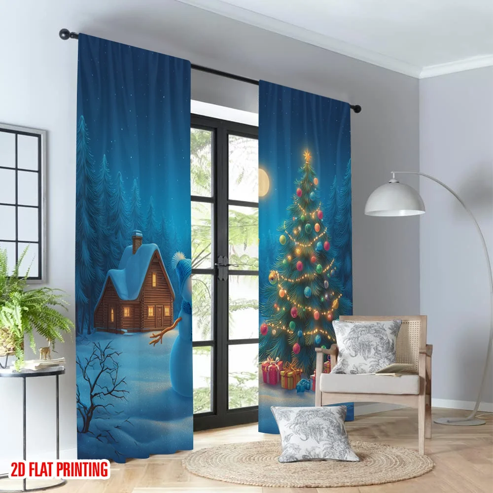 2 قطعة 2D الطباعة المسطحة عيد الميلاد الستائر الساخنة عيد الميلاد ثلج شجرة Gifts_o الرقمية المطبوعة البوليستر الستائر الأسرة استخدام الحفلات #4