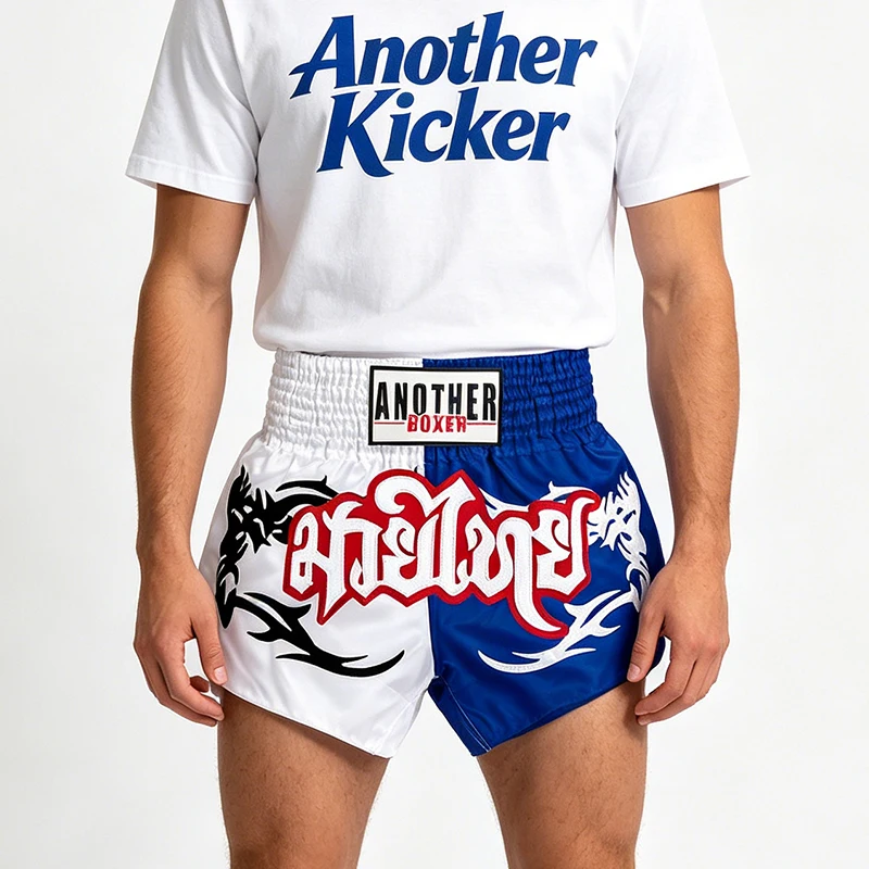 Bestickte Muay Thai Boxshorts aus Satin mit elastischem Bund, Kampfshorts für Männer, Frauen, Kinder, Kickboxen, Kampfsporttraining, Sparring
