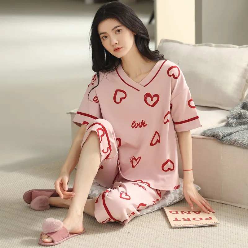 New Summer Fashion Printing Plus Size M-3XL Sleepwear for Young Girls Soft Cotton Pajamas Women's Calf-length Pants Home Suit