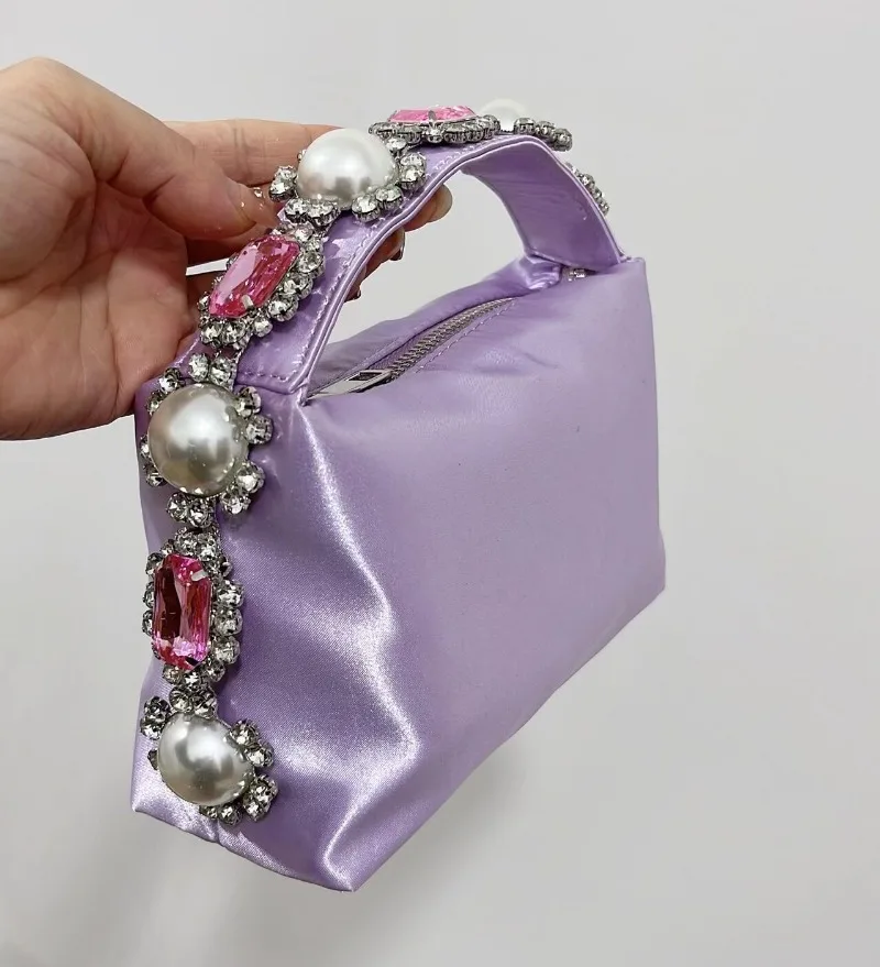 

Luxury Designer Satin Hobo Bag for Women with Pearl Beading Rhinestone Diamond Clutch Purse Wedding Party Evening Handbag