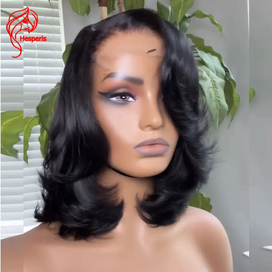 Hesperis Natural Black Color Human Hair Short Bob Wigs For Women 13x6 Lace Front Cut Bob Wigs With Side Bang Brazilian Remy Wig