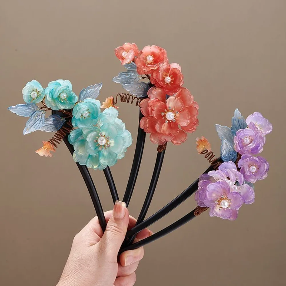 

Elegant Chinese Floral U-shaped Double Prong Hairpin Vintage Hanfu Cheongsam Daily Updo Hair Accessories for Women