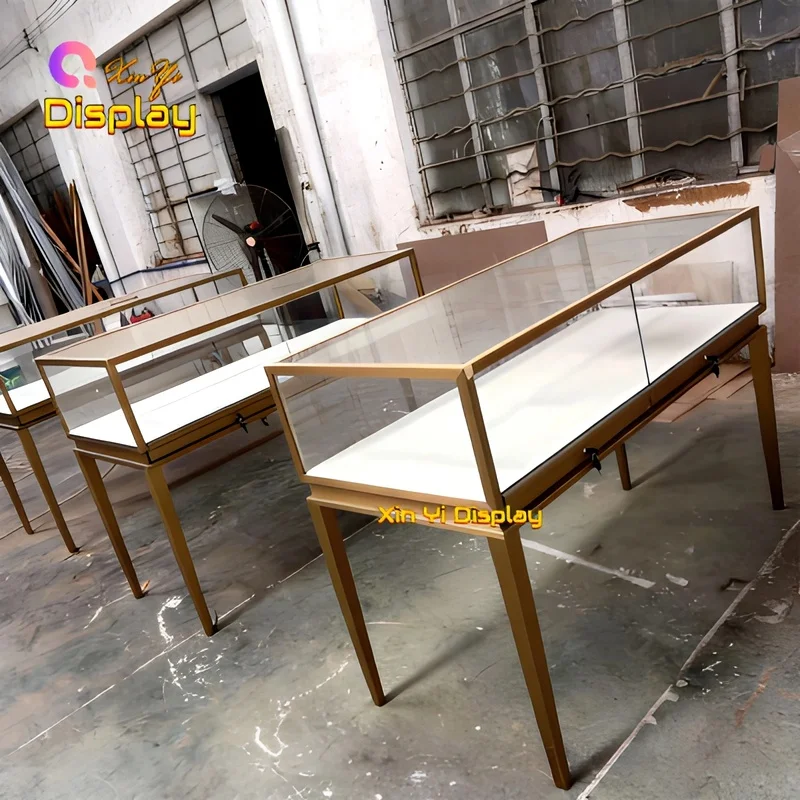 custom.Luxury Brushed Jewelry Display Double Lock Tempered Glass LED Lighting Eco-Friendly Heavy Duty Luxury Mall
