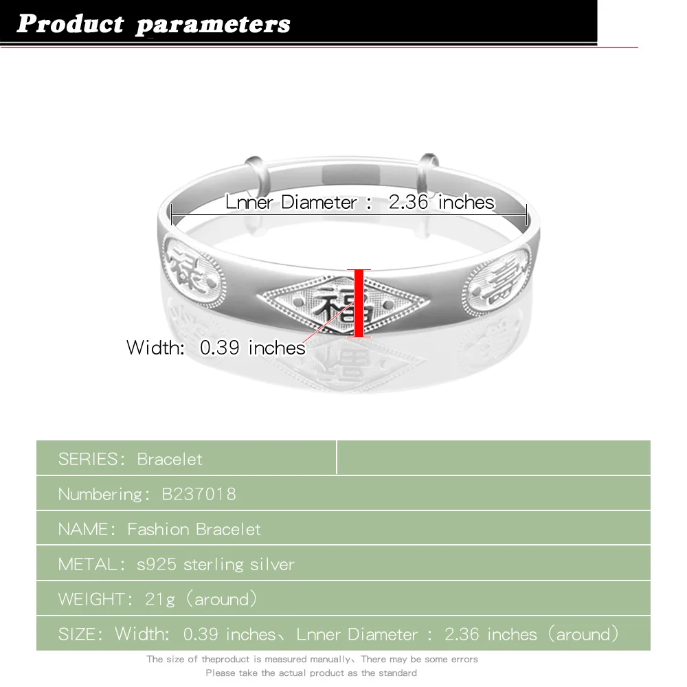 Good Luck Traditional Chinese Style 925 Sterling Silver Bangle Bracelets Classic Bracelet For Women Fine Fashion Jewelry Wedding