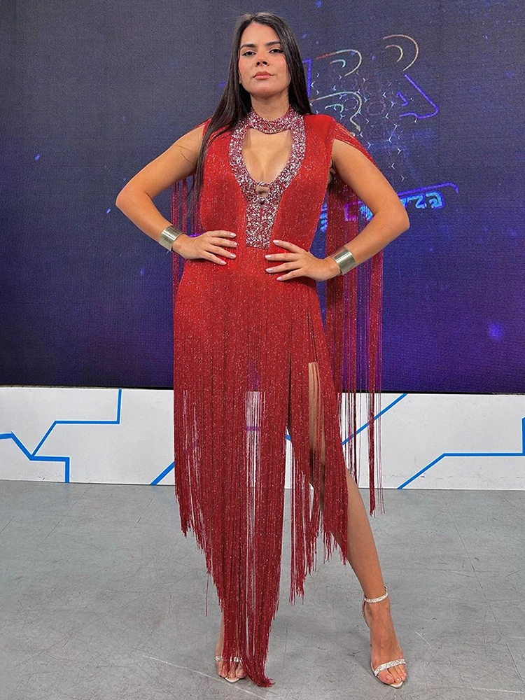 فستان مثير بدون أكمام ورقبة دائرية وشرابة للنساء صيفي نبيذ أحمر مفرغ لامع فستان ضيق للمشاهير والحفلات المسائية #6