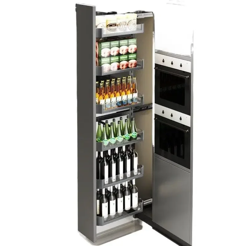 High and deep side pull basket drawn between the cracks on the side next to the cabinet and refrigerator