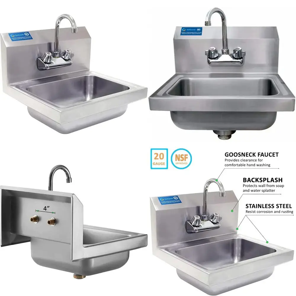 

Stainless Steel Wall-Mounted Hand Wash Sink 15x17 with Gooseneck Faucet - NSF Certified Commercial Basin for Hygiene