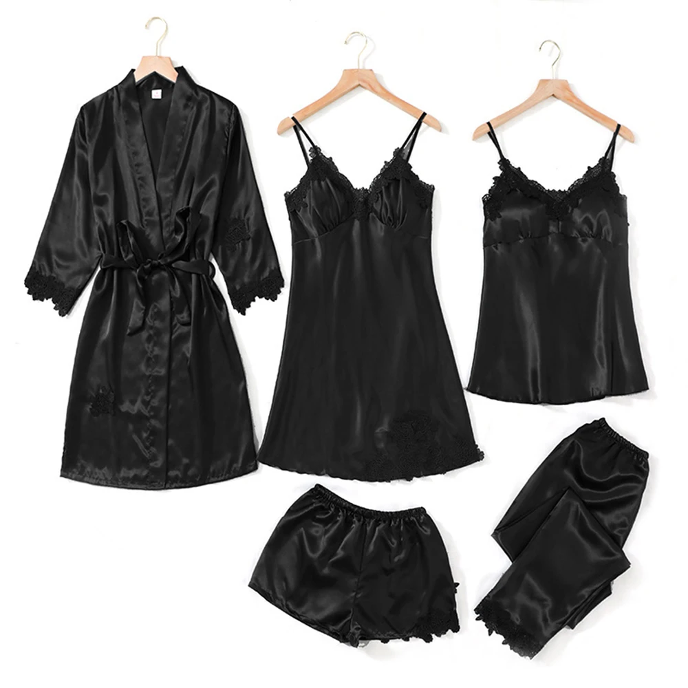 Womens Silk Satin Pajamas Sets 5pcs Loungewear Sexy Bath Robe With Belt Slip Dress Cami Shorts Long Pants Full Set Pjs Sleepwear